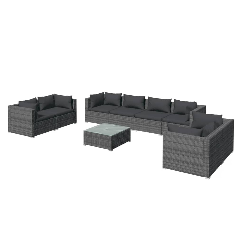 Set Divani da Giardino 9 pz con Cuscini in Polyrattan Grigio 3102293