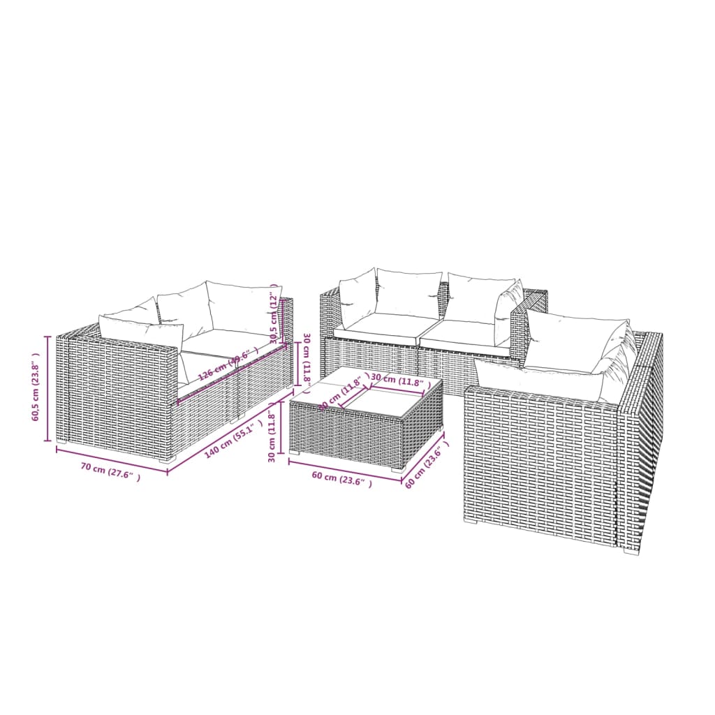 Set Divani da Giardino 7 pz con Cuscini in Polyrattan Marrone 3102307