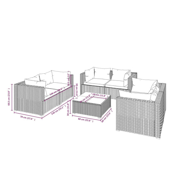 Set Divani da Giardino 7 pz con Cuscini in Polyrattan Grigio cod mxl 43786