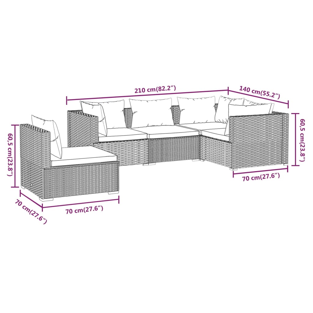 Set Divani da Giardino 5 pz con Cuscini in Polyrattan Nero 3102312