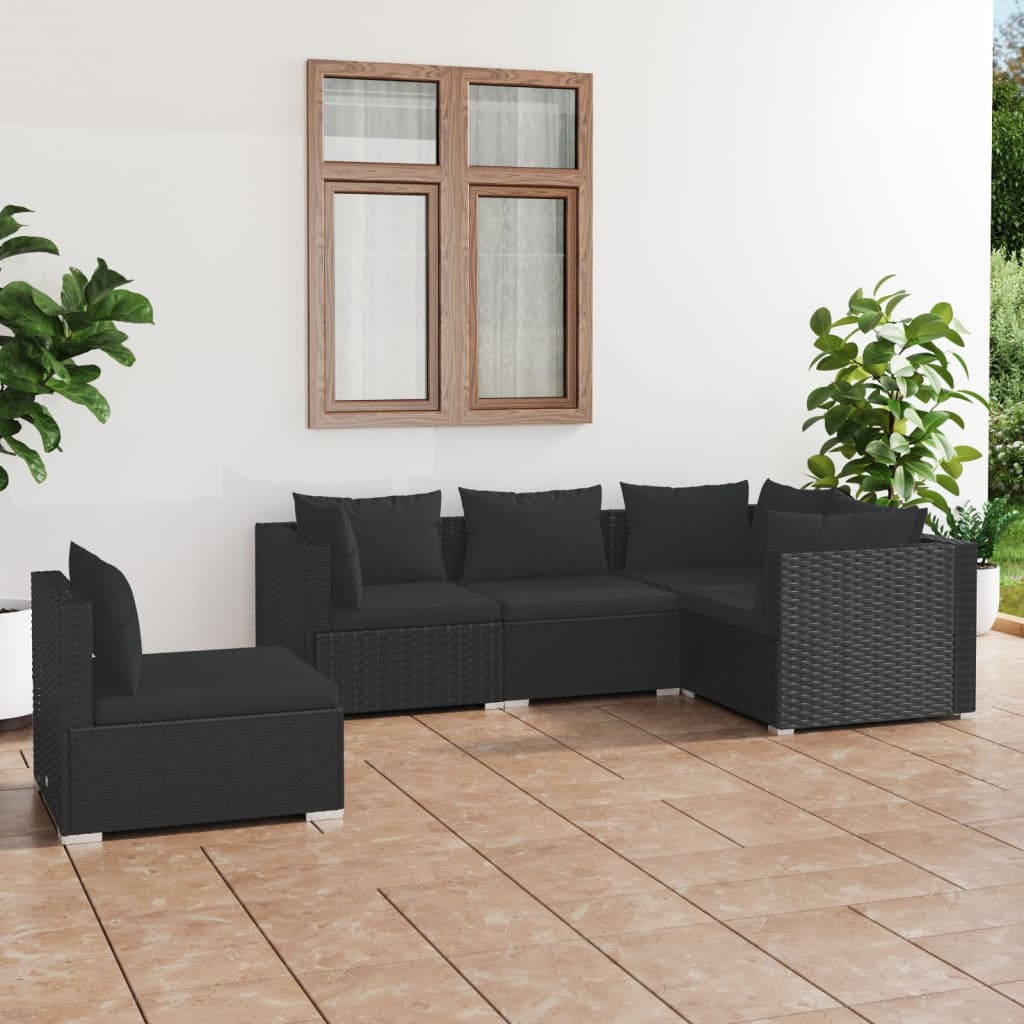 Set Divani da Giardino 5 pz con Cuscini in Polyrattan Nero 3102312