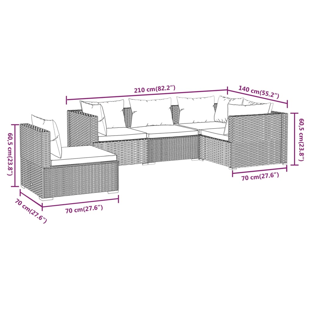 Set Divani da Giardino 5 pz con Cuscini in Polyrattan Nero 3102313