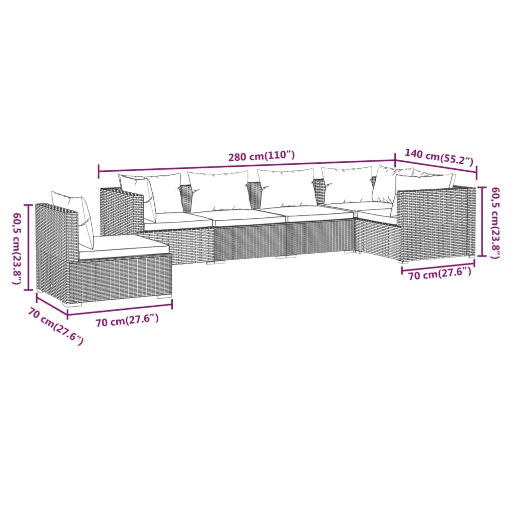 Set Divani da Giardino 6 pz con Cuscini in Polyrattan Marrone cod mxl 39035