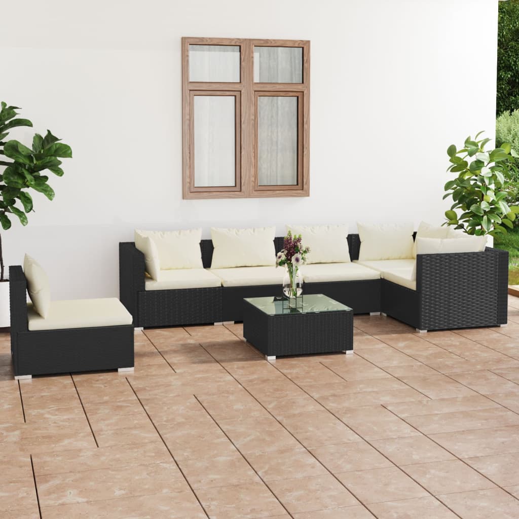 Set Salotto da Giardino 7 pz con Cuscini in Polyrattan Nero cod mxl 39479