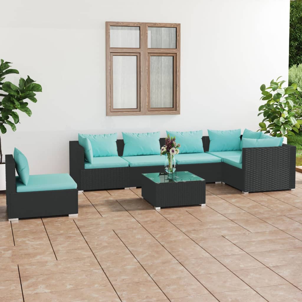 Set Divani da Giardino 7 pz con Cuscini in Polyrattan Nero 3102329