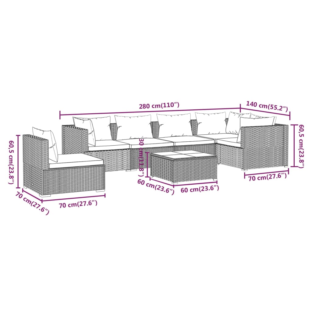 Set Divani da Giardino 7 pz con Cuscini in Polyrattan Marrone 3102330