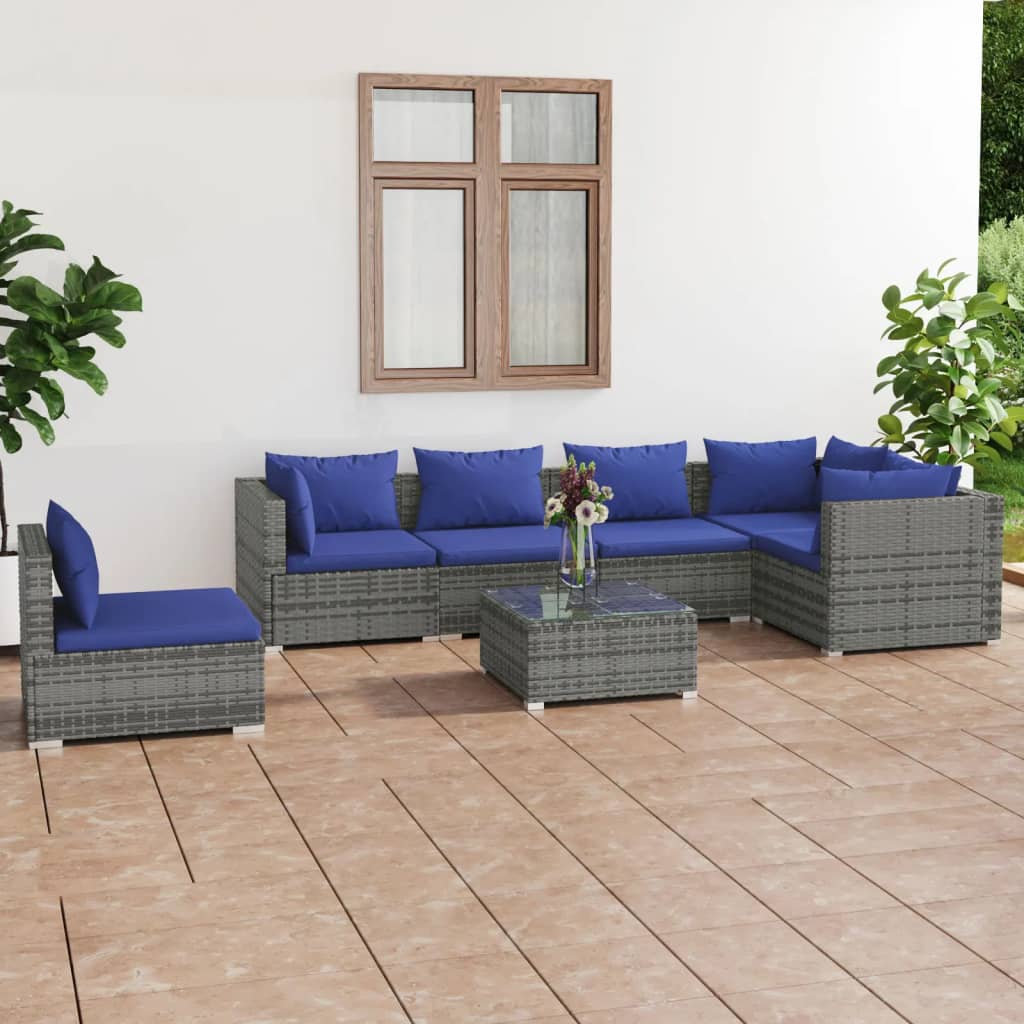 Set Divani da Giardino 7 pz con Cuscini in Polyrattan Grigio cod mxl 39023