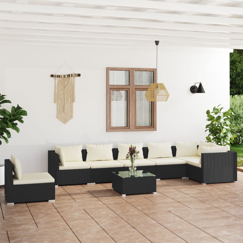 Set Divani da Giardino 8 pz con Cuscini in Polyrattan Nero cod mxl 56303