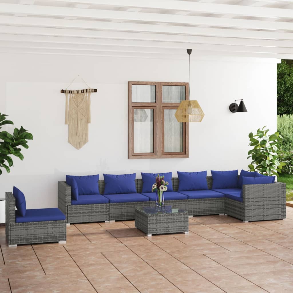 Set Divani da Giardino 8 pz con Cuscini in Polyrattan Grigio 3102350