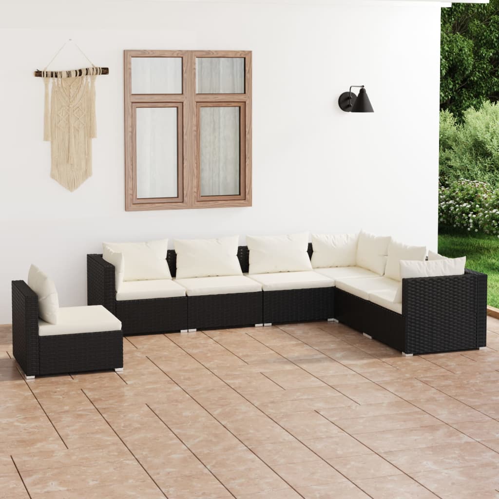 Set Divani da Giardino 7 pz con Cuscini in Polyrattan Nero 3102351