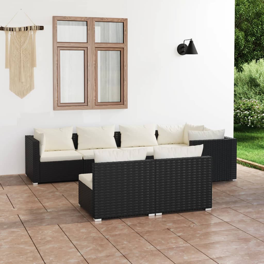 Set Divani da Giardino 7 pz con Cuscini in Polyrattan Nero cod mxl 57053