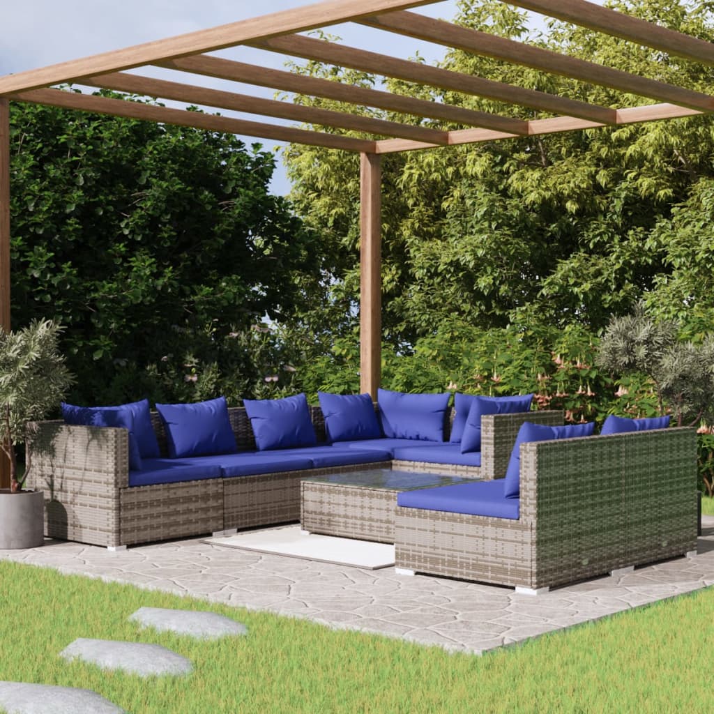 Set Divani da Giardino 8 pz con Cuscini in Polyrattan Grigio cod mxl 44890