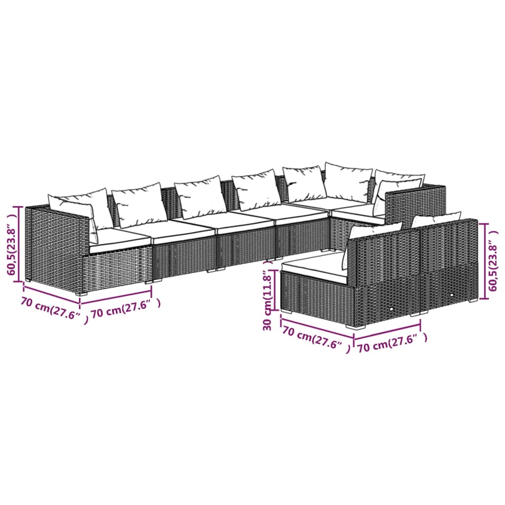 Set Divani da Giardino 8 pz con Cuscini in Polyrattan Grigio 3102405