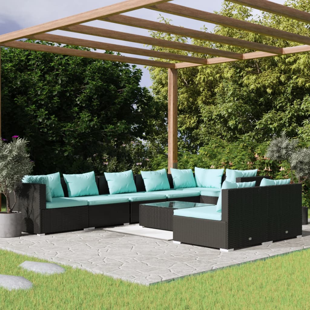 Set Divani da Giardino 9 pz con Cuscini in Polyrattan Nero 3102409