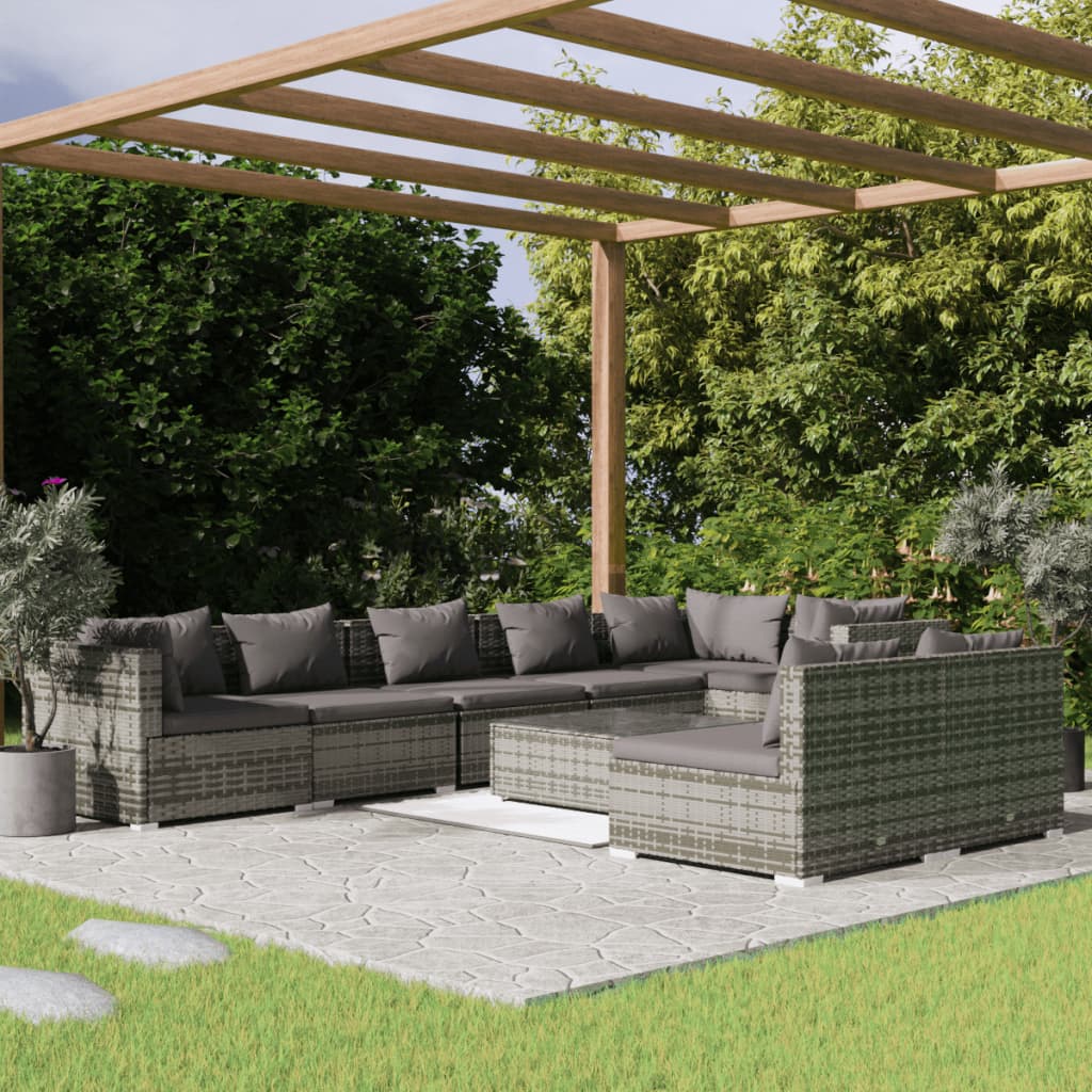 Set Divani da Giardino 9 pz con Cuscini in Polyrattan Grigio 3102413