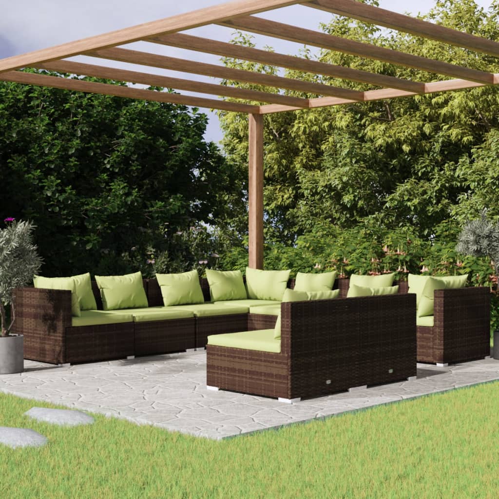 Set Divani da Giardino 9 pz con Cuscini in Polyrattan Marrone 3102420