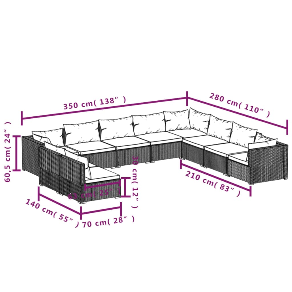 Set Divani da Giardino 10 pz con Cuscini in Polyrattan Marrone cod mxl 42509