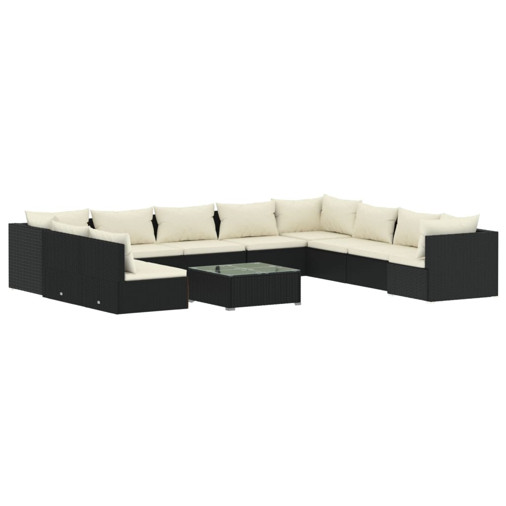 Set Mobili da Giardino 11 pz con Cuscini in Polyrattan Nero 3102439