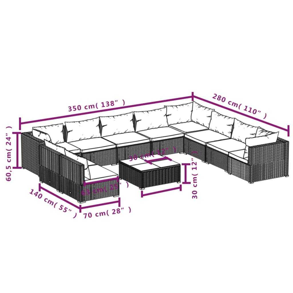 Set Mobili da Giardino 11 pz con Cuscini in Polyrattan Nero 3102439