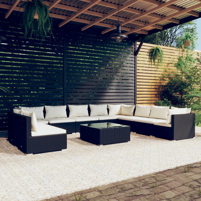 Set Mobili da Giardino 11 pz con Cuscini in Polyrattan Nero 3102439