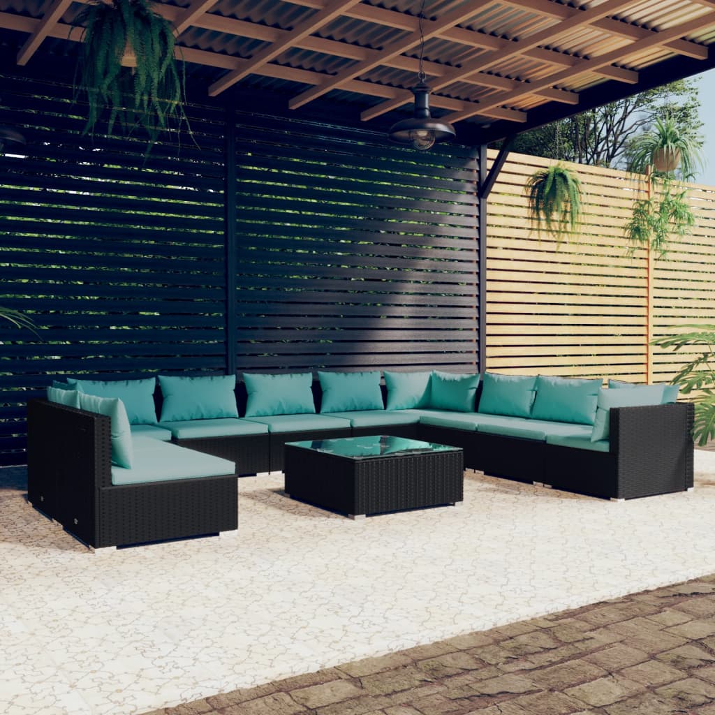 Set Mobili da Giardino 11 pz con Cuscini in Polyrattan Nero 3102441