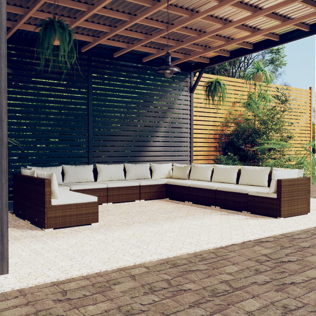 Set Divani da Giardino 11 pz con Cuscini in Polyrattan Marrone 3102450