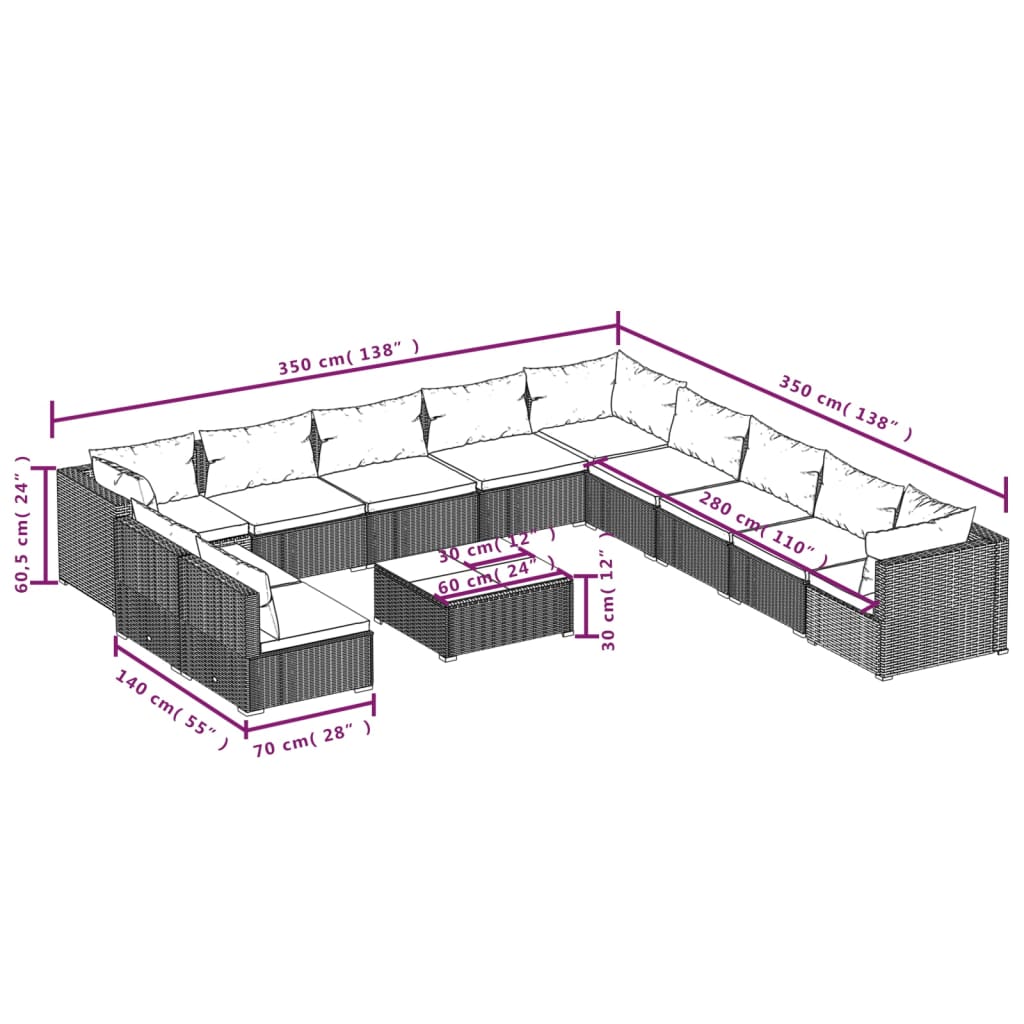 Set Divani da Giardino 12 pz con Cuscini in Polyrattan Marrone cod mxl 42483