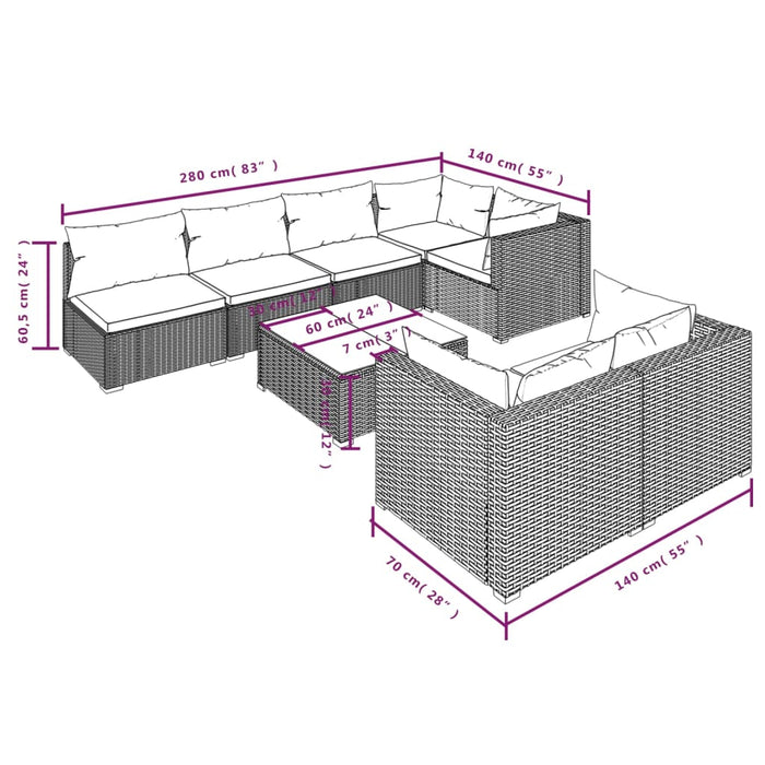 Set Mobili da Giardino con Cuscini 8 pz Nero in Polyrattan 3102465