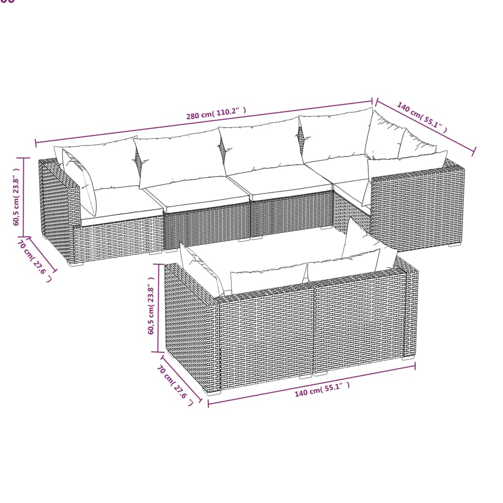 Set Divani da Giardino 7 pz con Cuscini in Polyrattan Nero cod mxl 31345