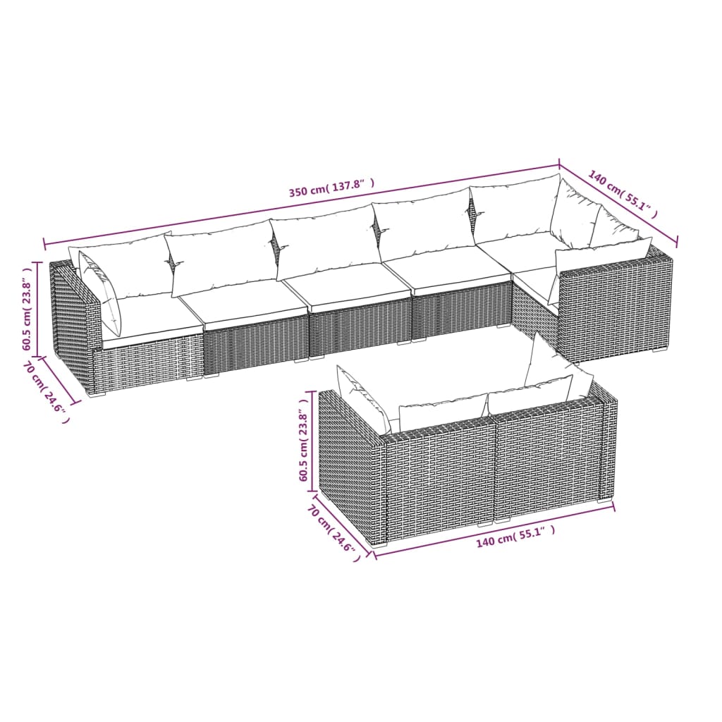 Set Divani da Giardino 8 pz con Cuscini in Polyrattan Nero cod mxl 34888