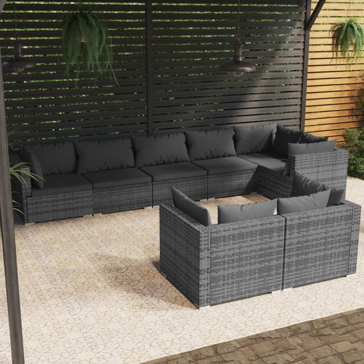 Set Divani da Giardino 8 pz con Cuscini in Polyrattan Grigio 3102485