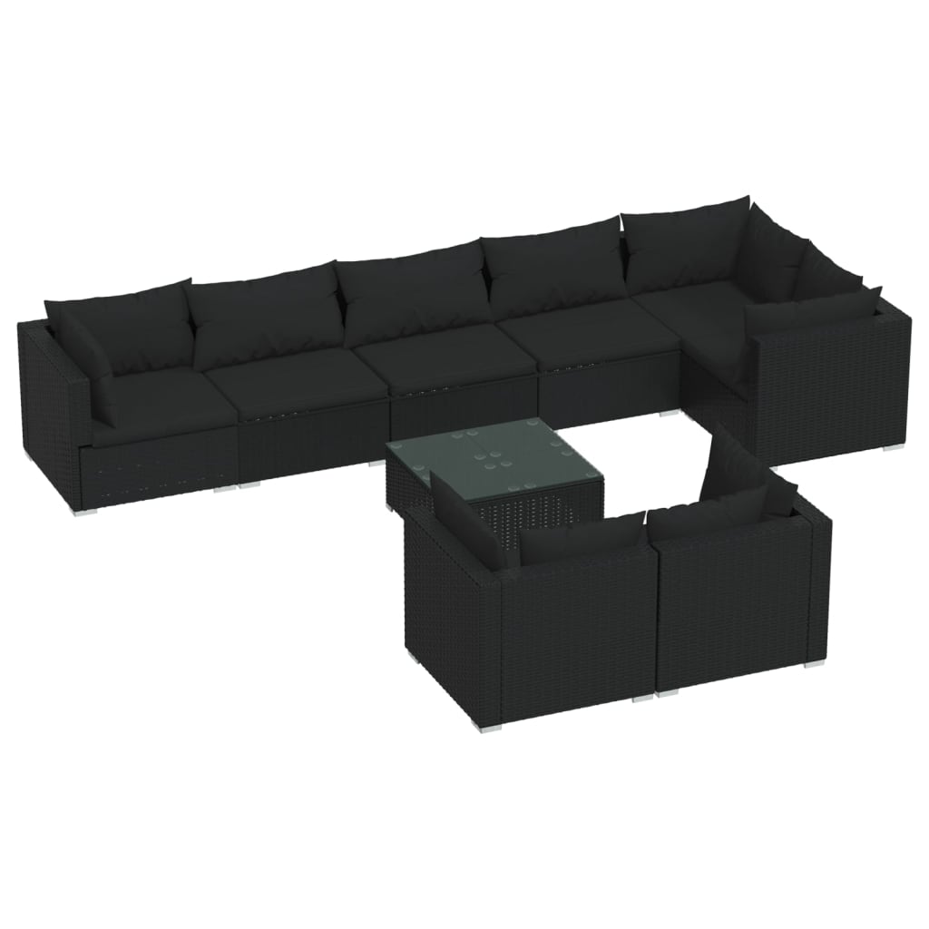 Set Salotto da Giardino con Cuscini 9pz Nero in Polyrattan 3102488