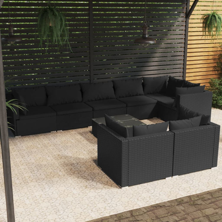 Set Salotto da Giardino con Cuscini 9pz Nero in Polyrattan 3102488