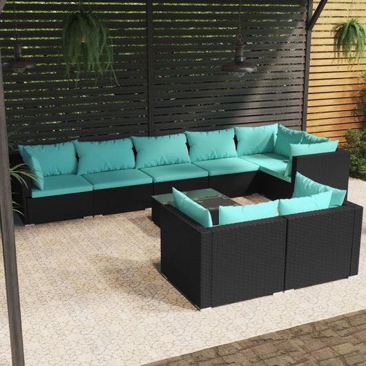 Set Salotto da Giardino con Cuscini 9pz Nero in Polyrattan 3102489