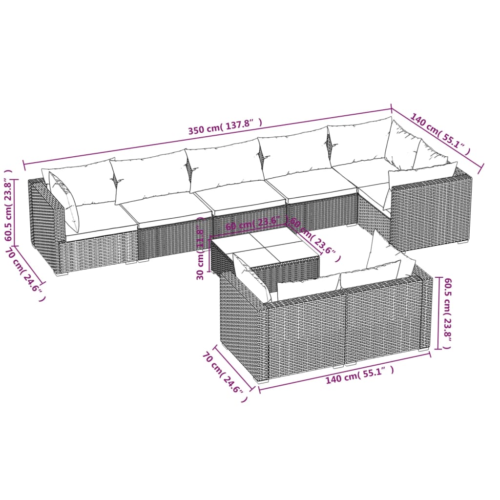 Set Divani da Giardino 9 pz con Cuscini in Polyrattan Marrone cod mxl 39080