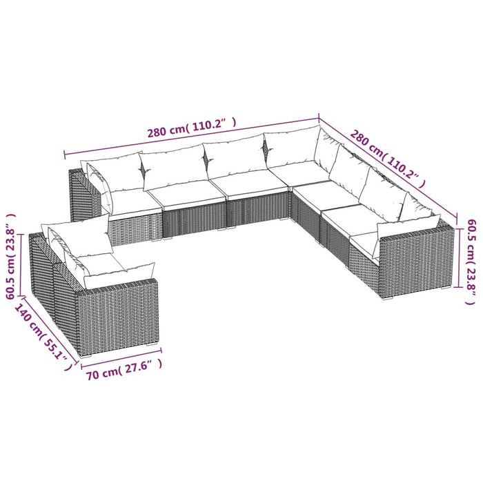 Set Salotto da Giardino con Cuscini 9pz Nero in Polyrattan 3102495