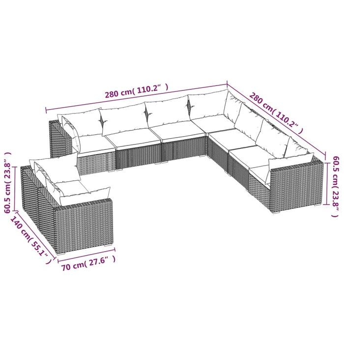 Set Divani da Giardino 9 pz con Cuscini in Polyrattan Grigio 3102502