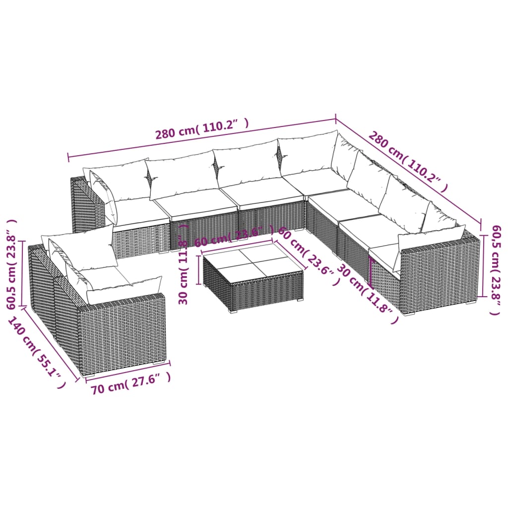 Set Divani da Giardino 10 pz con Cuscini in Polyrattan Nero cod mxl 57067