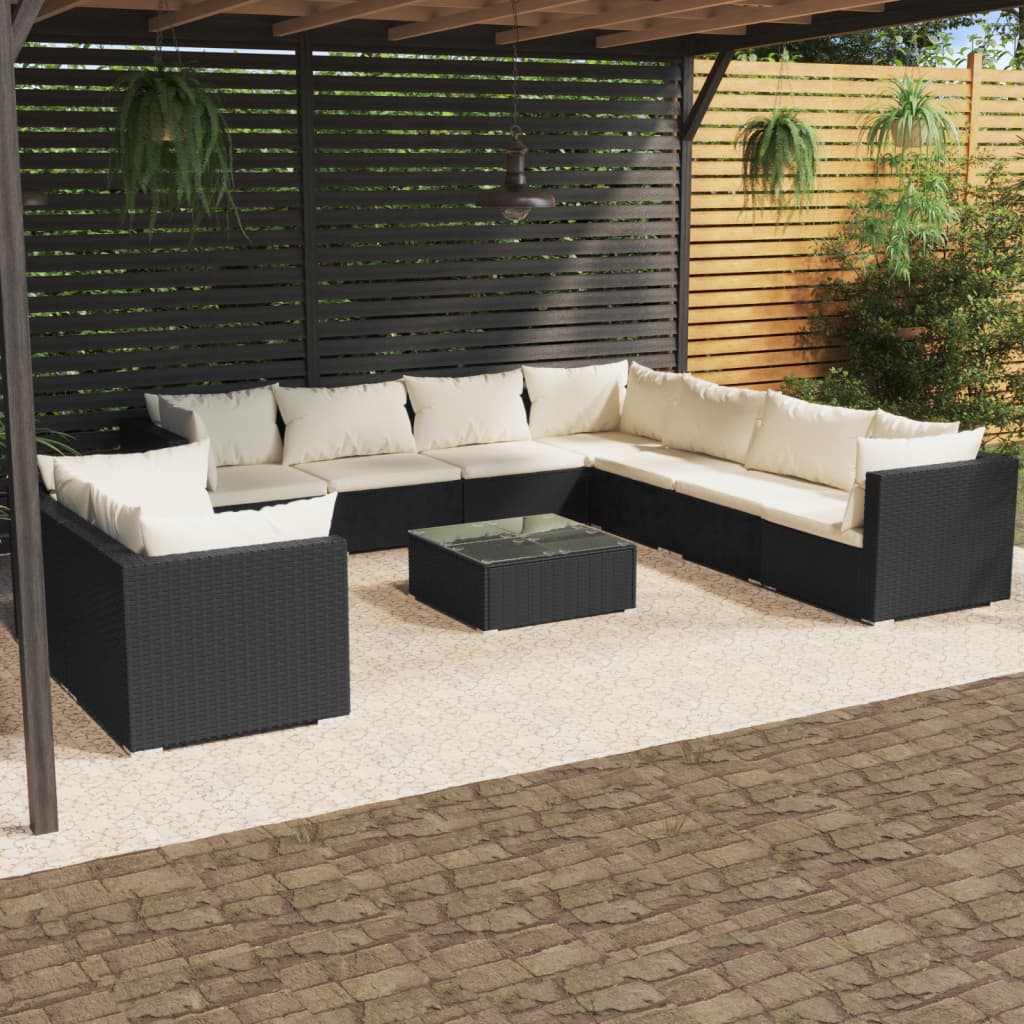 Set Divani da Giardino 10 pz con Cuscini in Polyrattan Nero cod mxl 57067