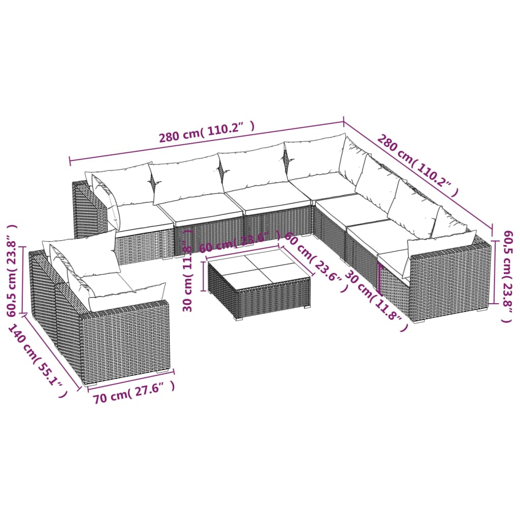 Set Divani da Giardino 10 pz con Cuscini in Polyrattan Grigio cod mxl 44868