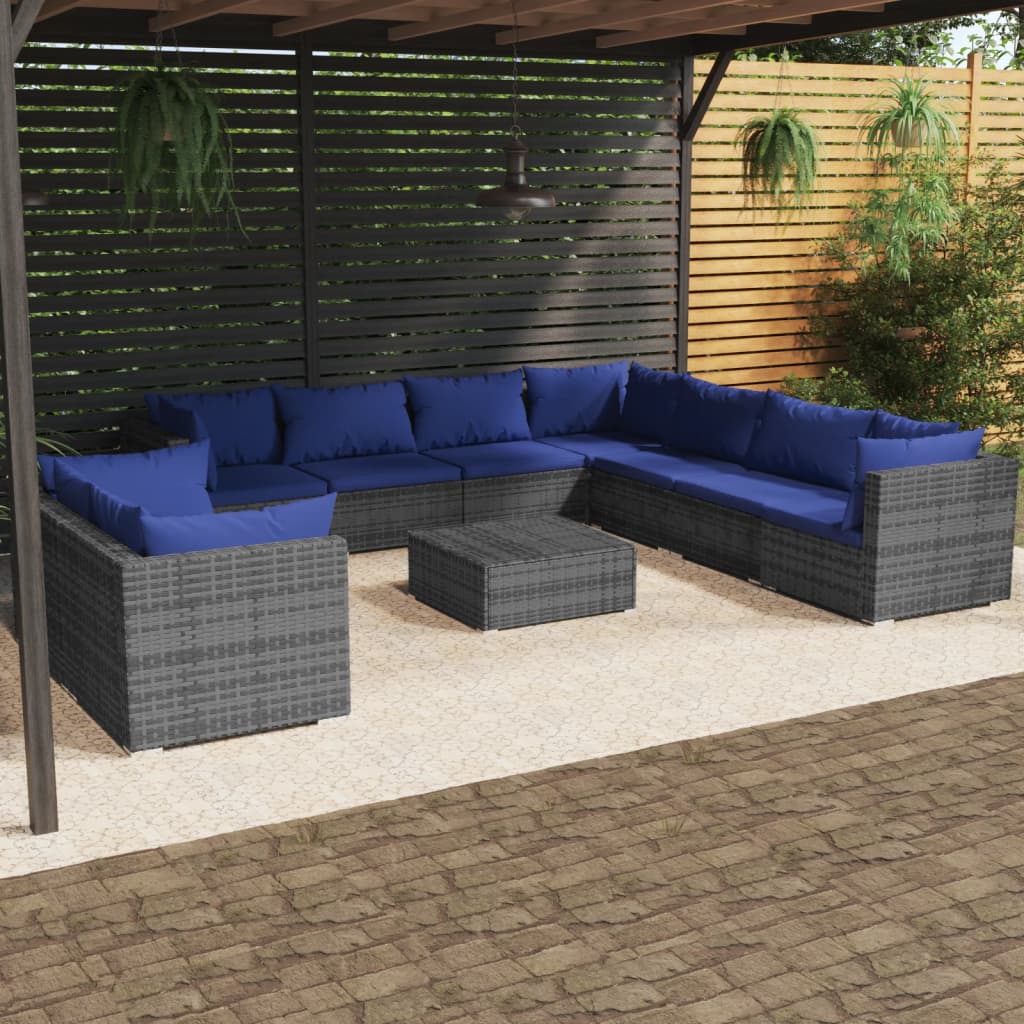 Set Divani da Giardino 10 pz con Cuscini in Polyrattan Grigio cod mxl 44868