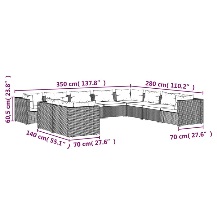 Set Salotto da Giardino 10pz con Cuscini in Polyrattan Nero 3102511