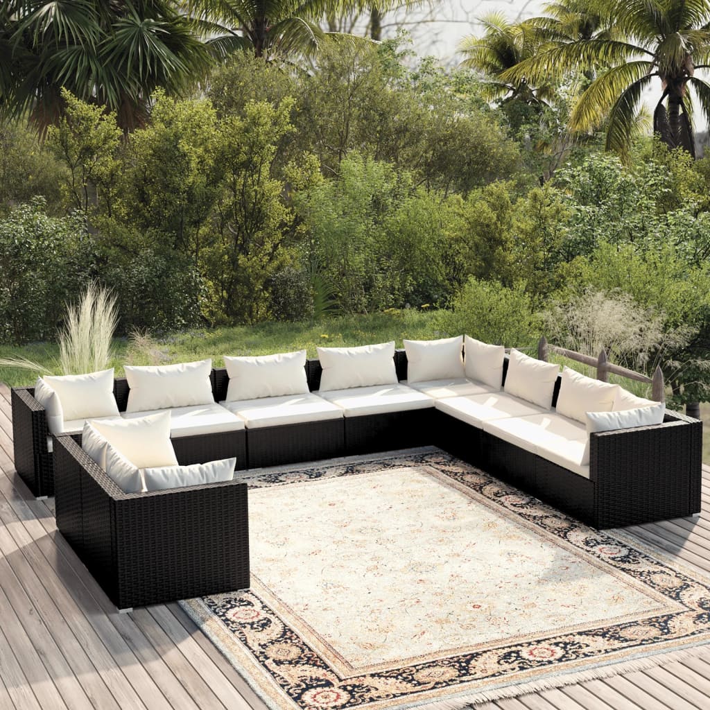 Set Salotto da Giardino 10pz con Cuscini in Polyrattan Nero 3102511