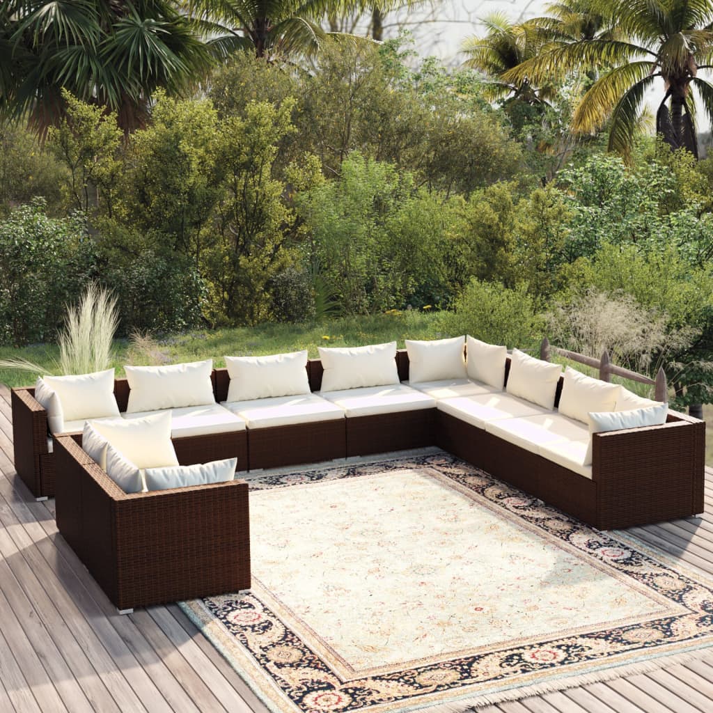 Set Divani da Giardino 10 pz con Cuscini in Polyrattan Marrone 3102514