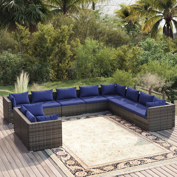 Set Divani da Giardino 10 pz con Cuscini in Polyrattan Grigio 3102518