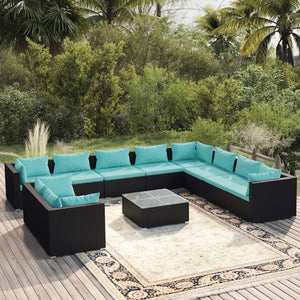 Set Mobili da Giardino 11 pz con Cuscini in Polyrattan Nero 3102521