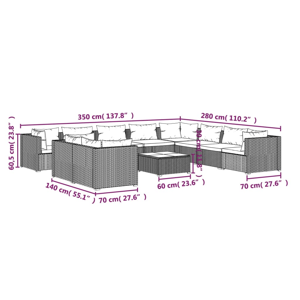 Set Divani da Giardino 11 pz con Cuscini in Polyrattan Grigio 3102526