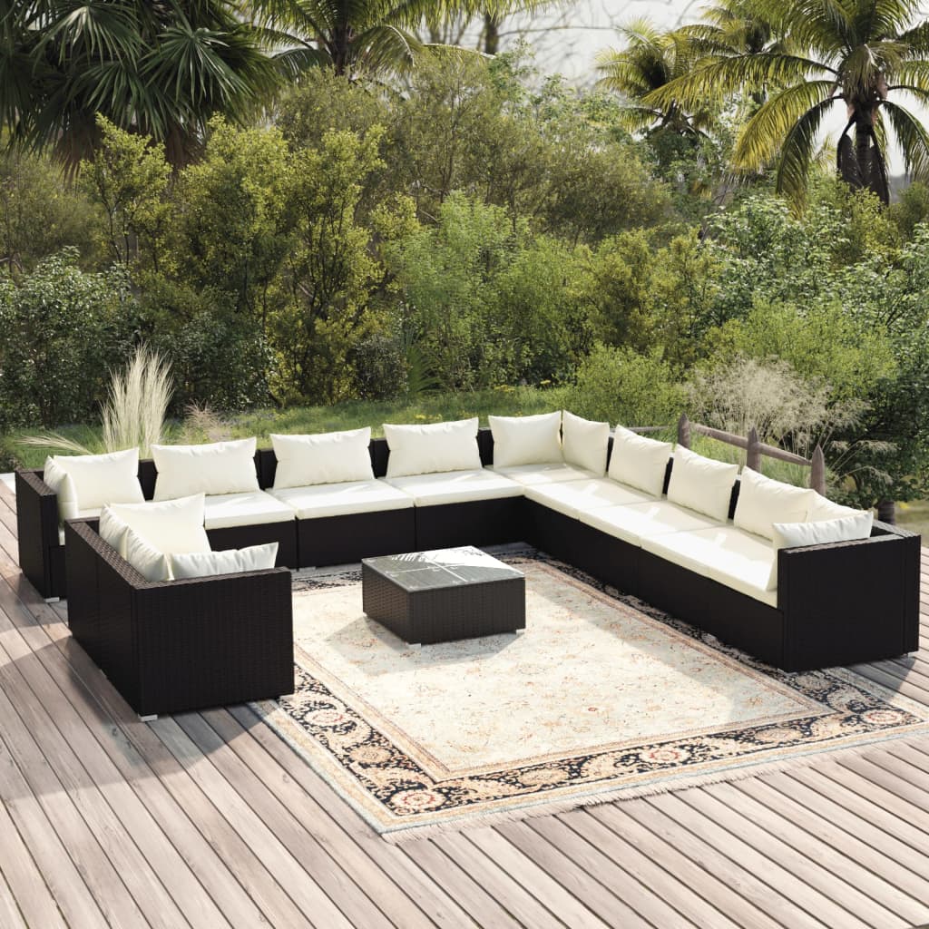 Set Divani da Giardino 12 pz con Cuscini in Polyrattan Nero cod mxl 34880