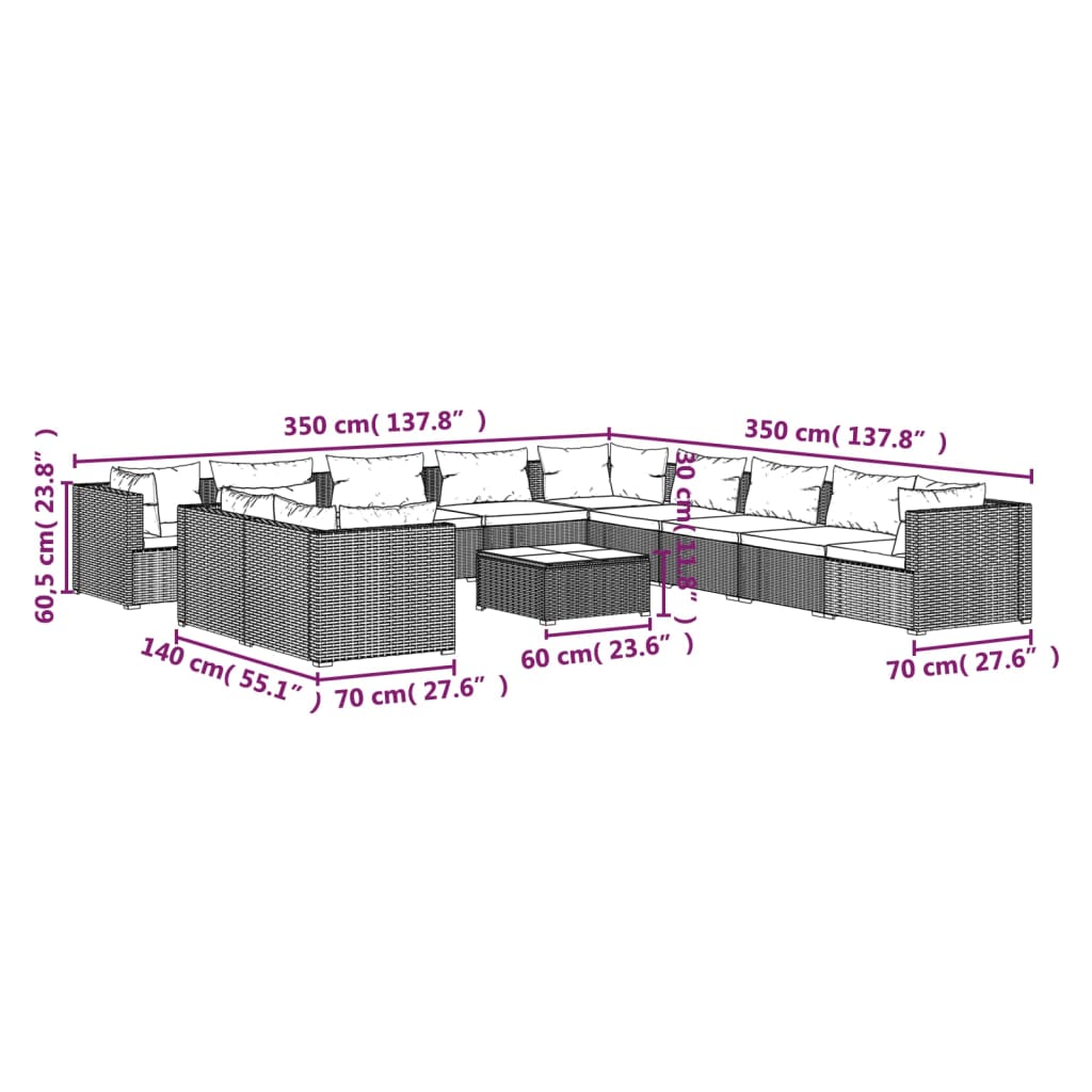 Set Divani da Giardino 12 pz con Cuscini in Polyrattan Marrone 3102538