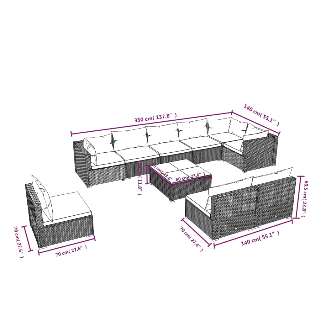 Set Divani da Giardino 10 pz con Cuscini in Polyrattan Nero 3102568